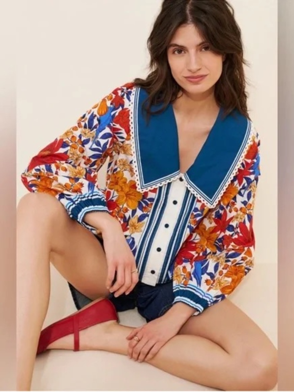 FARM Rio Floribela Bold Floral Peasant Blouse with Blue Sailor Collar